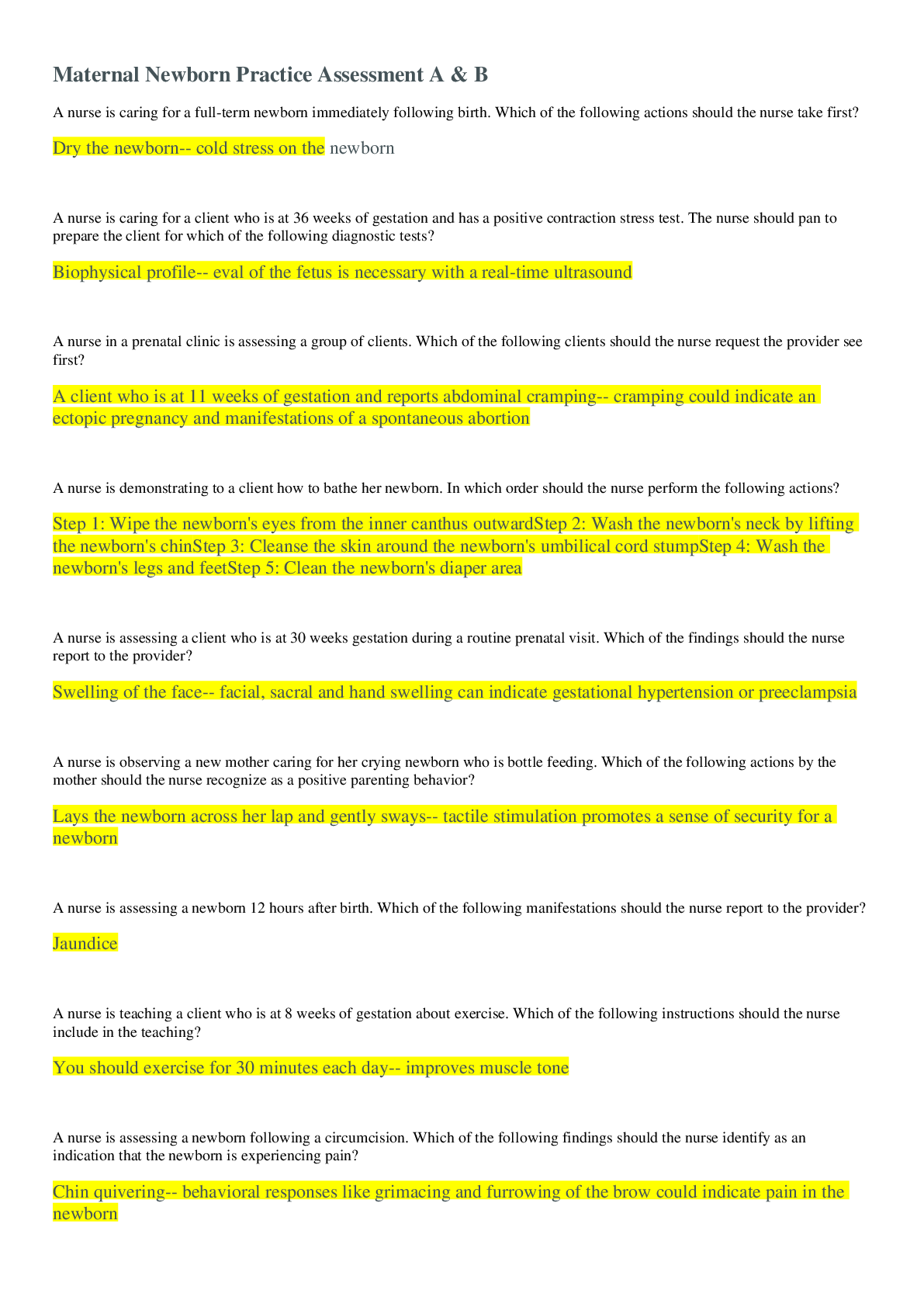 Preview of Maternal Newborn Practice Assessment A & B ; Questions and Answers